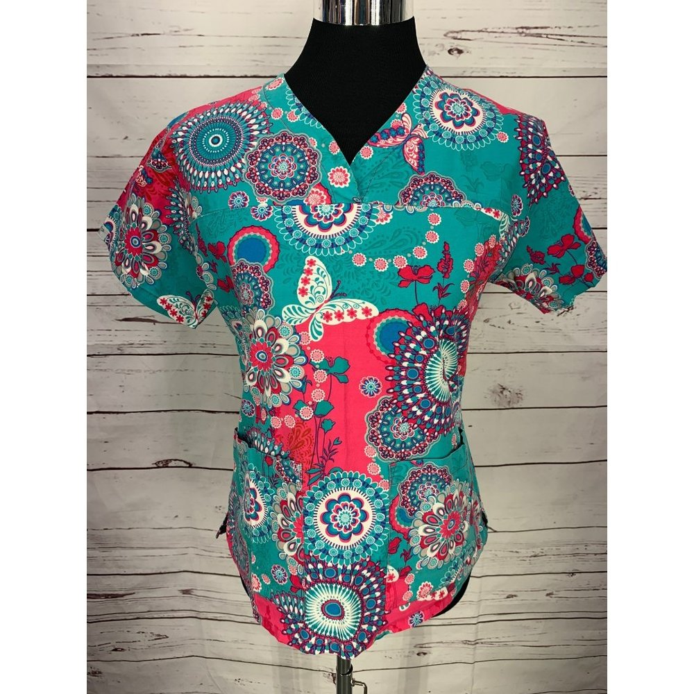 Med Couture‎ Butterfly Floral Psychedelic Size XS Scrub Top
